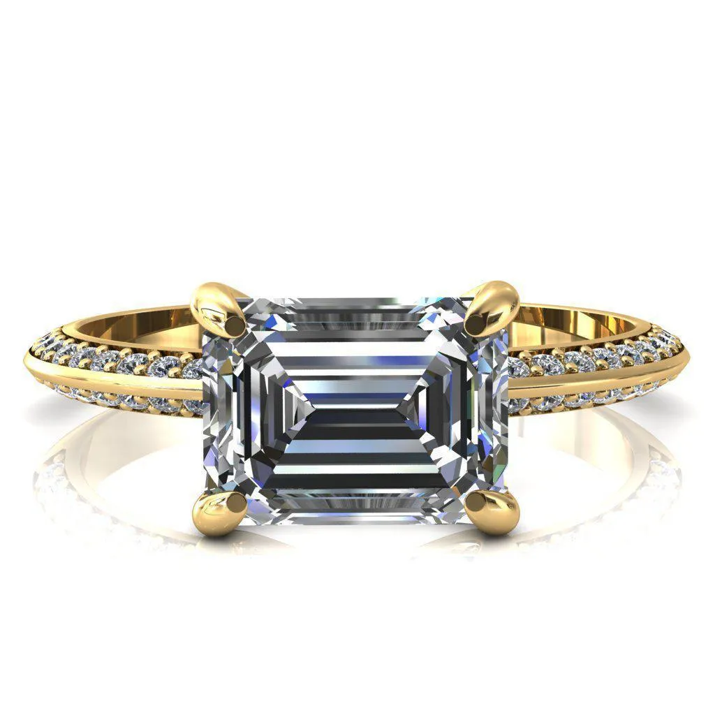 Nancy Emerald Center Stone East-West 4 Prong 1/2 Eternity Diamond Knife Shank Accent Engagement Ring