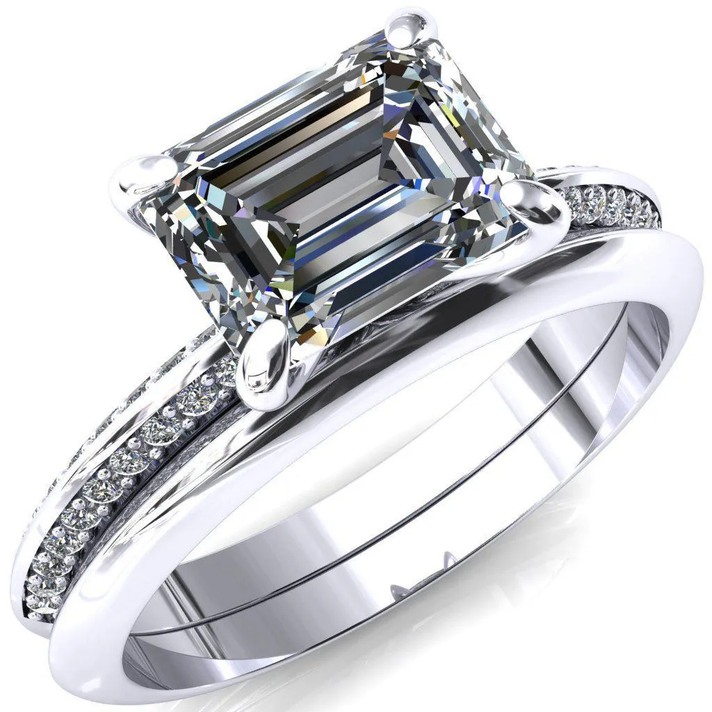 Nancy Emerald Center Stone East-West 4 Prong 1/2 Eternity Diamond Knife Shank Accent Engagement Ring