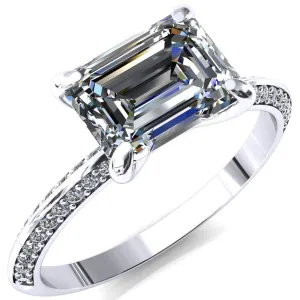 Nancy Emerald Center Stone East-West 4 Prong 1/2 Eternity Diamond Knife Shank Accent Engagement Ring