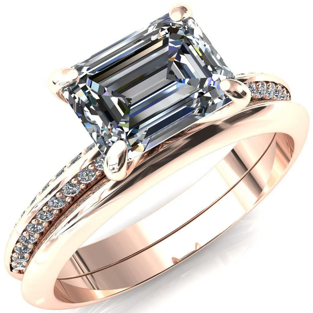 Nancy Emerald Center Stone East-West 4 Prong 1/2 Eternity Diamond Knife Shank Accent Engagement Ring