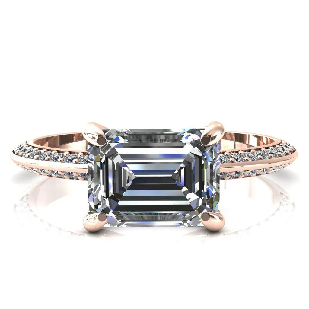 Nancy Emerald Center Stone East-West 4 Prong 1/2 Eternity Diamond Knife Shank Accent Engagement Ring