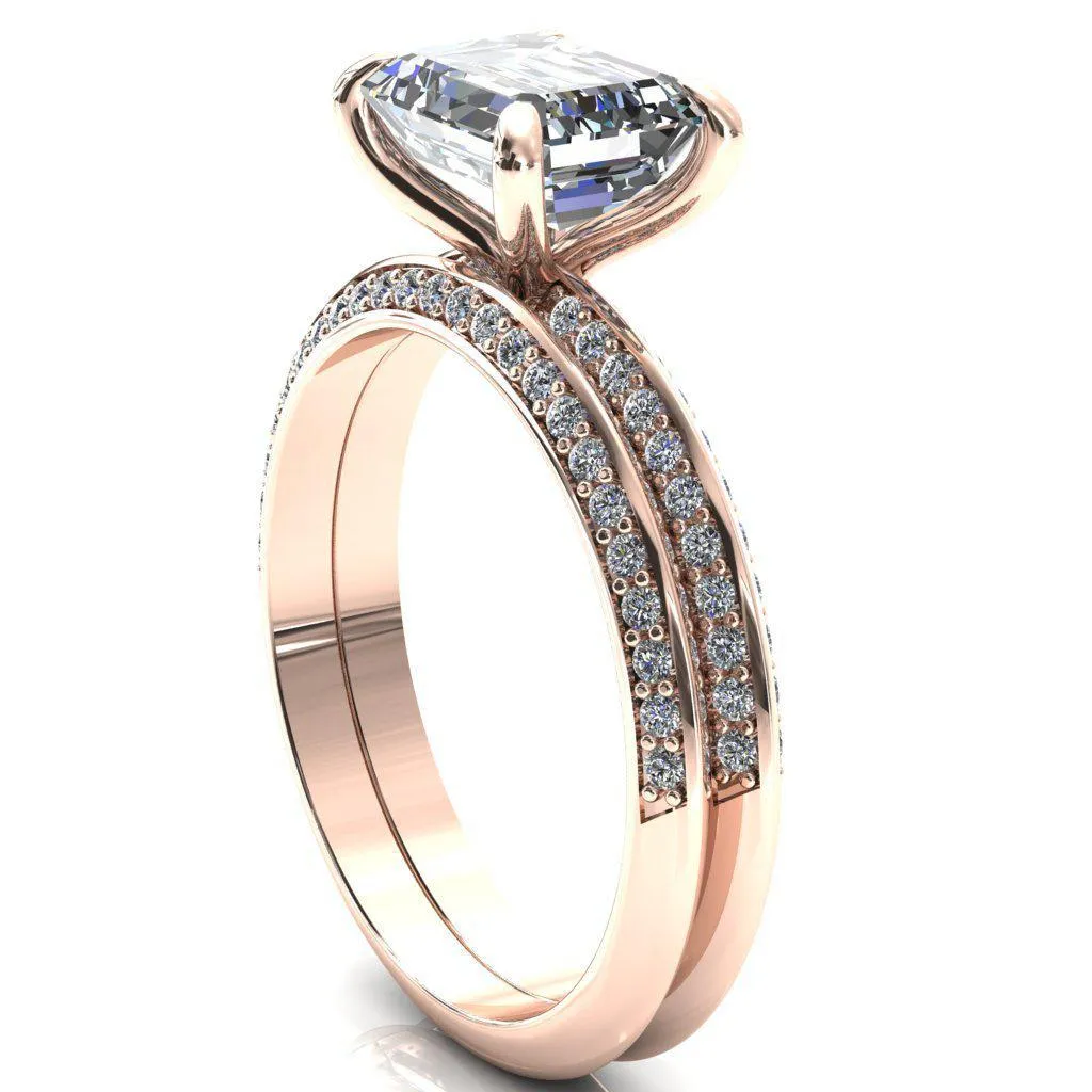 Nancy Emerald Center Stone East-West 4 Prong 1/2 Eternity Diamond Knife Shank Accent Engagement Ring