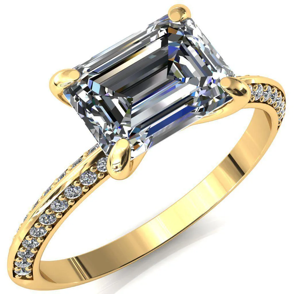 Nancy Emerald Center Stone East-West 4 Prong 1/2 Eternity Diamond Knife Shank Accent Engagement Ring