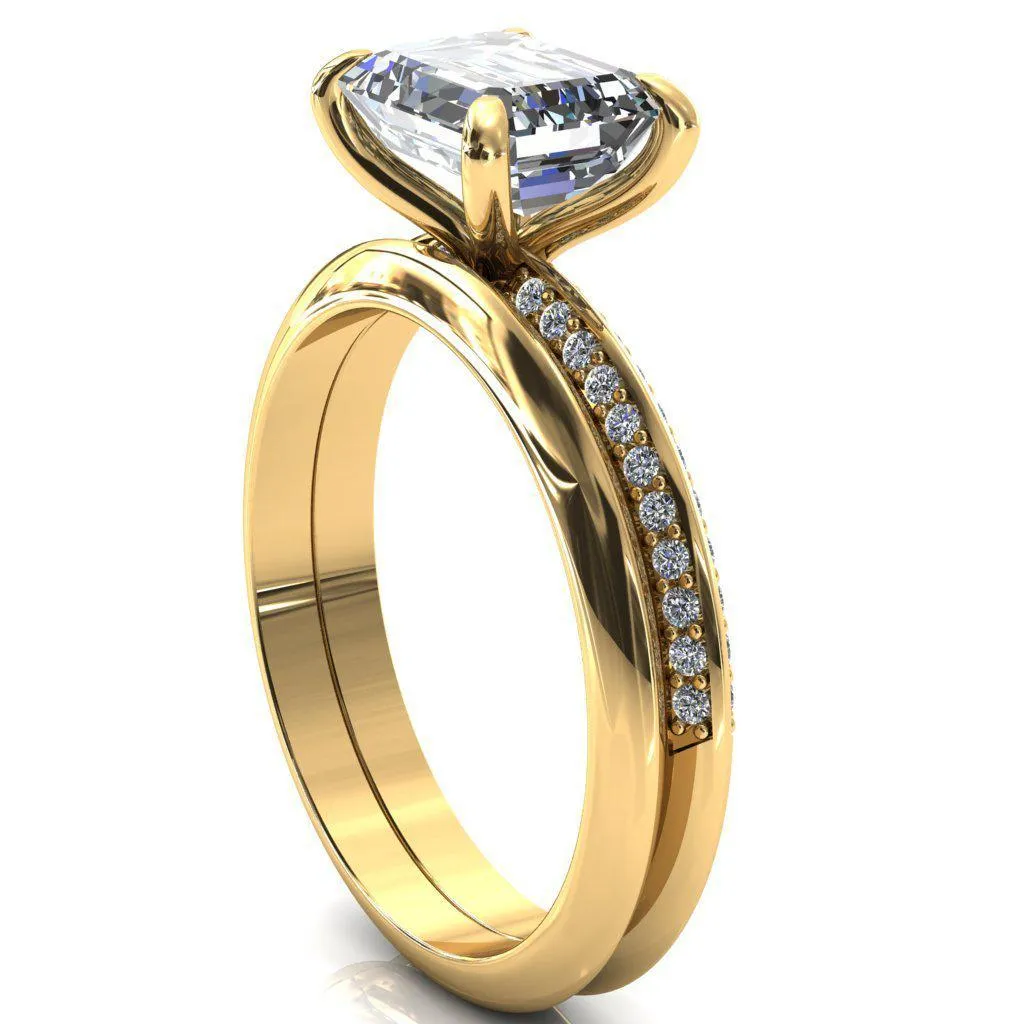 Nancy Emerald Center Stone East-West 4 Prong 1/2 Eternity Diamond Knife Shank Accent Engagement Ring