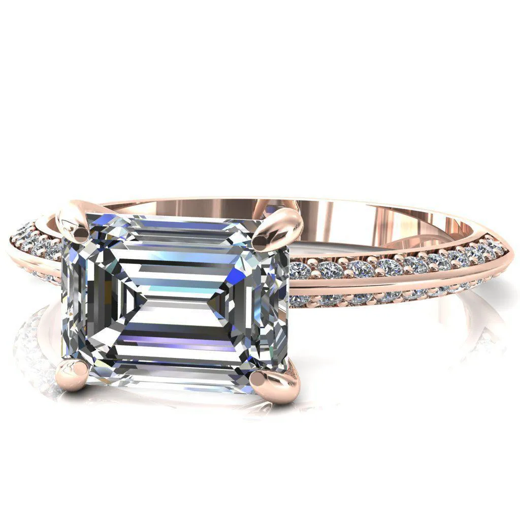 Nancy Emerald Center Stone East-West 4 Prong 1/2 Eternity Diamond Knife Shank Accent Engagement Ring
