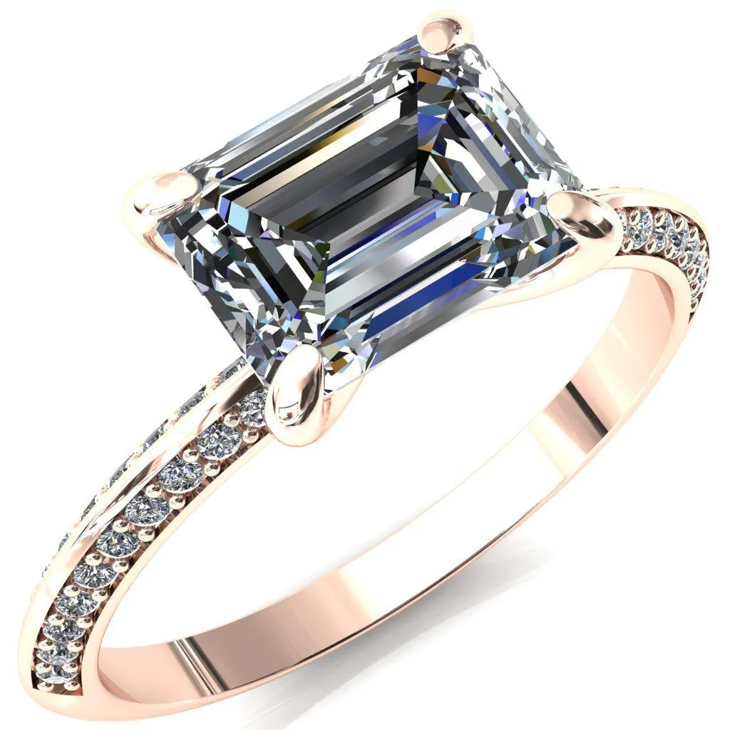 Nancy Emerald Center Stone East-West 4 Prong 1/2 Eternity Diamond Knife Shank Accent Engagement Ring