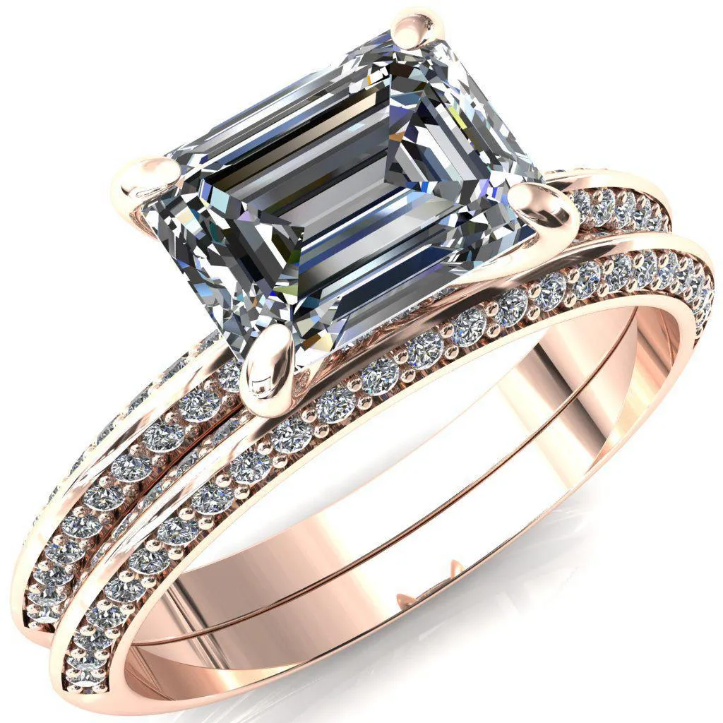 Nancy Emerald Center Stone East-West 4 Prong 1/2 Eternity Diamond Knife Shank Accent Engagement Ring
