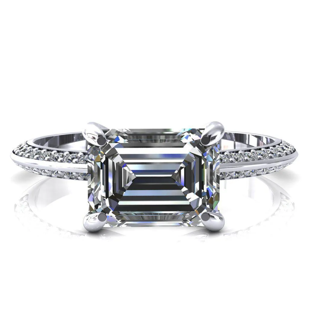 Nancy Emerald Center Stone East-West 4 Prong 1/2 Eternity Diamond Knife Shank Accent Engagement Ring