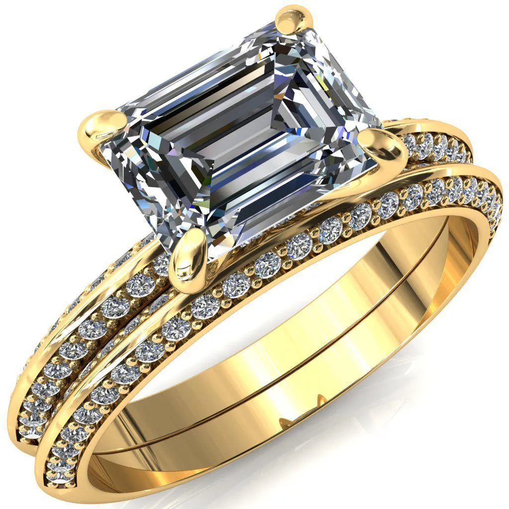 Nancy Emerald Center Stone East-West 4 Prong 1/2 Eternity Diamond Knife Shank Accent Engagement Ring