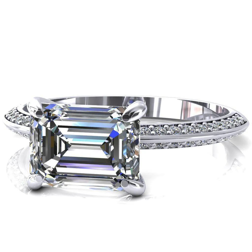 Nancy Emerald Center Stone East-West 4 Prong 1/2 Eternity Diamond Knife Shank Accent Engagement Ring