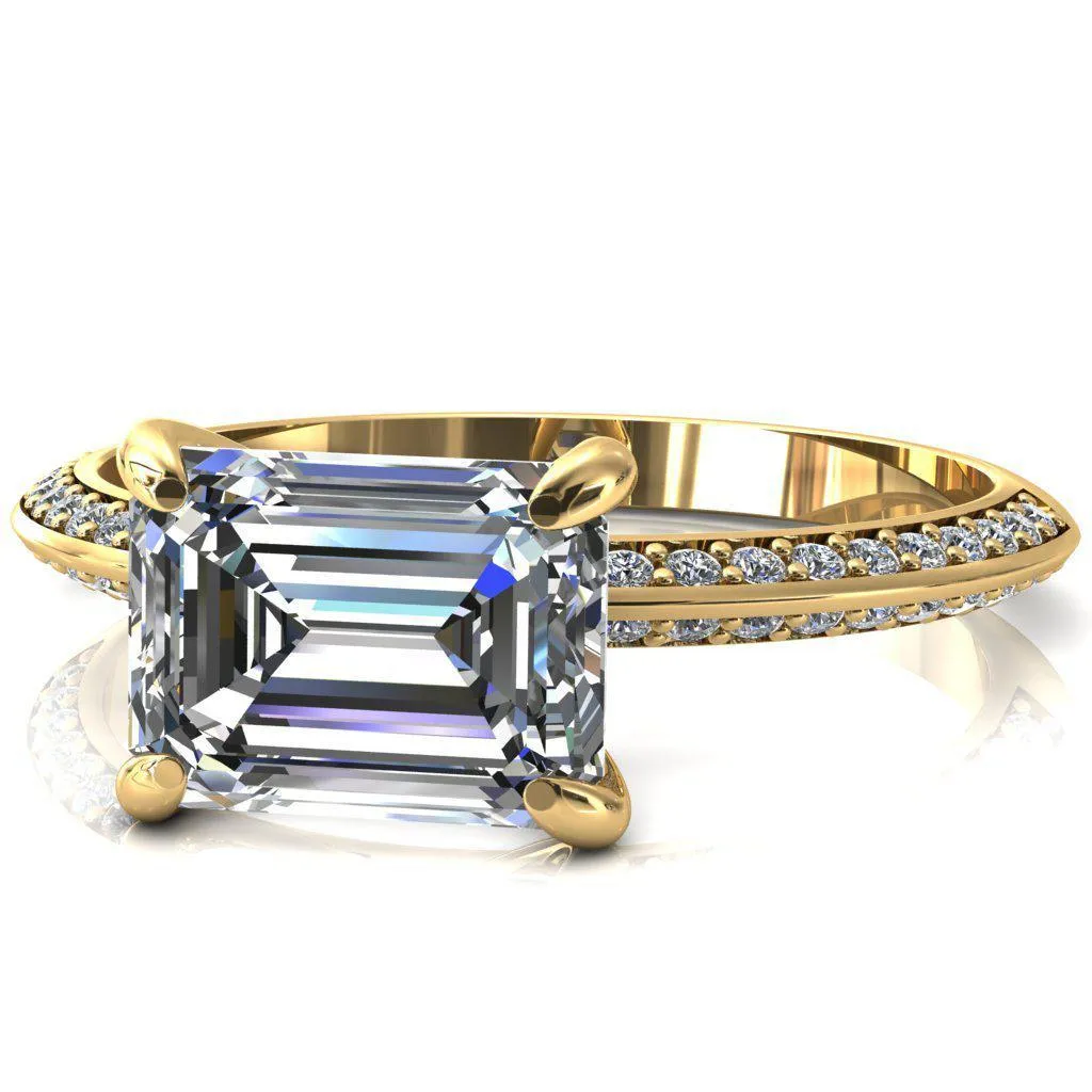 Nancy Emerald Center Stone East-West 4 Prong 1/2 Eternity Diamond Knife Shank Accent Engagement Ring