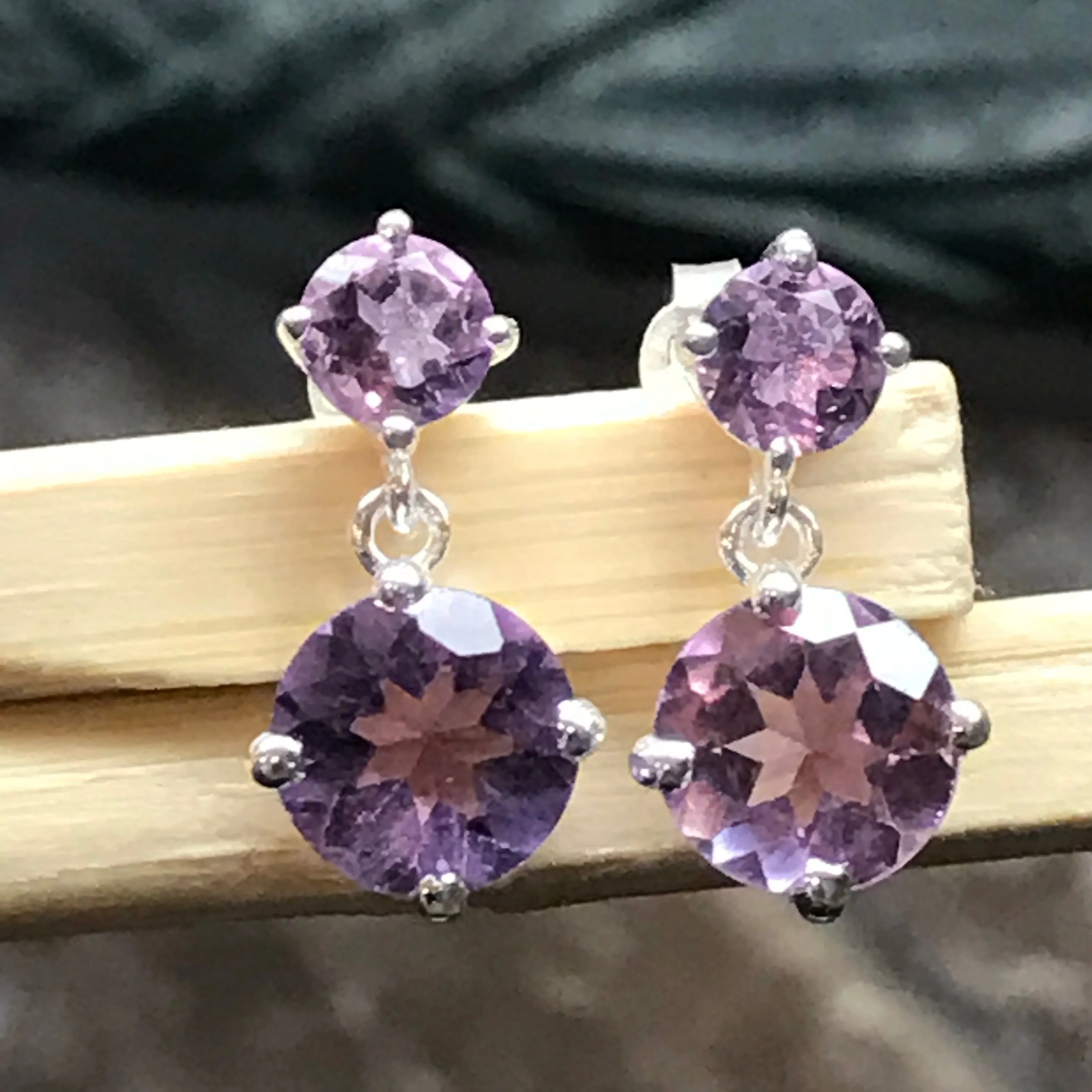 Natural 2.5ct Purple Amethyst 925 Solid Sterling Silver Earrings 16mm