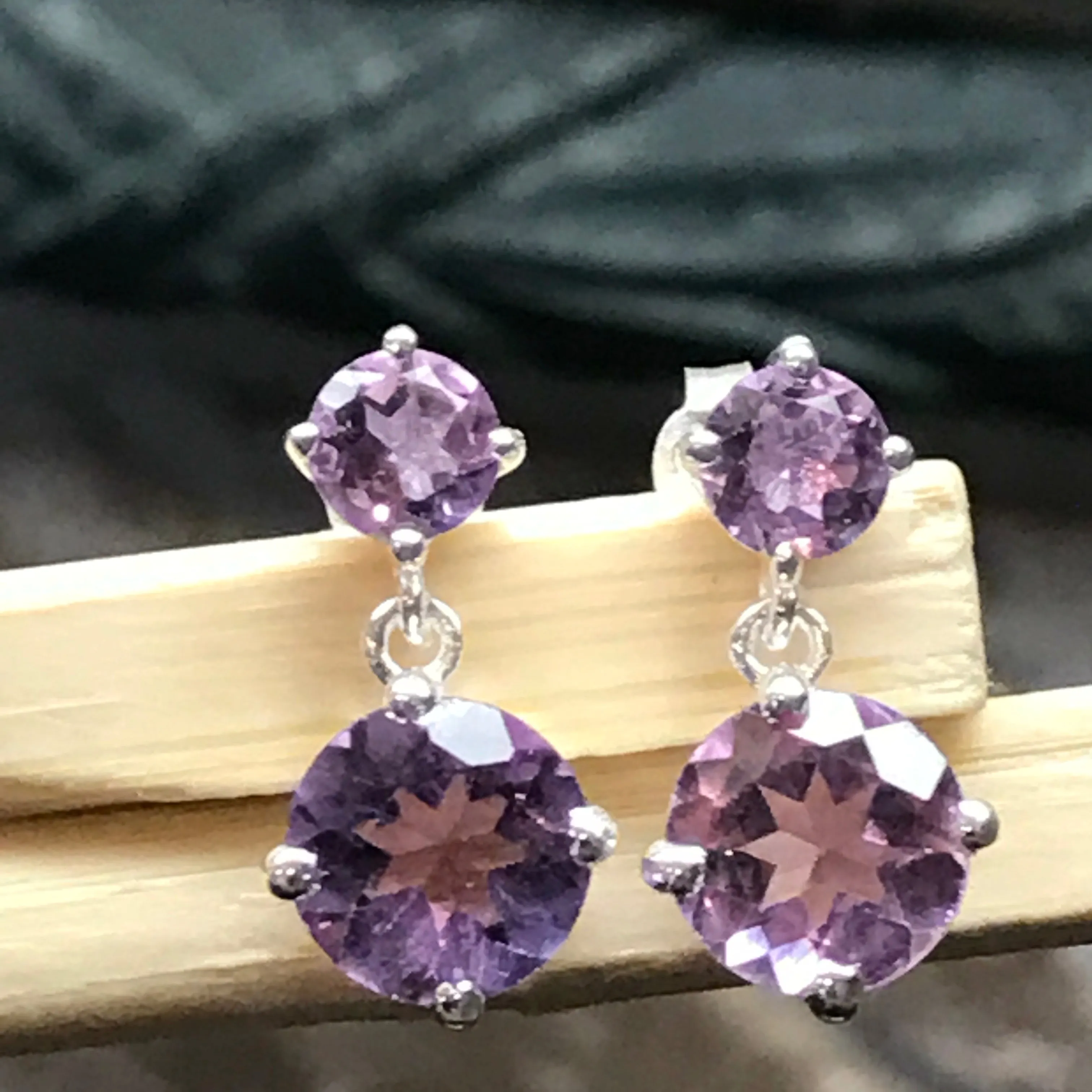 Natural 2.5ct Purple Amethyst 925 Solid Sterling Silver Earrings 16mm