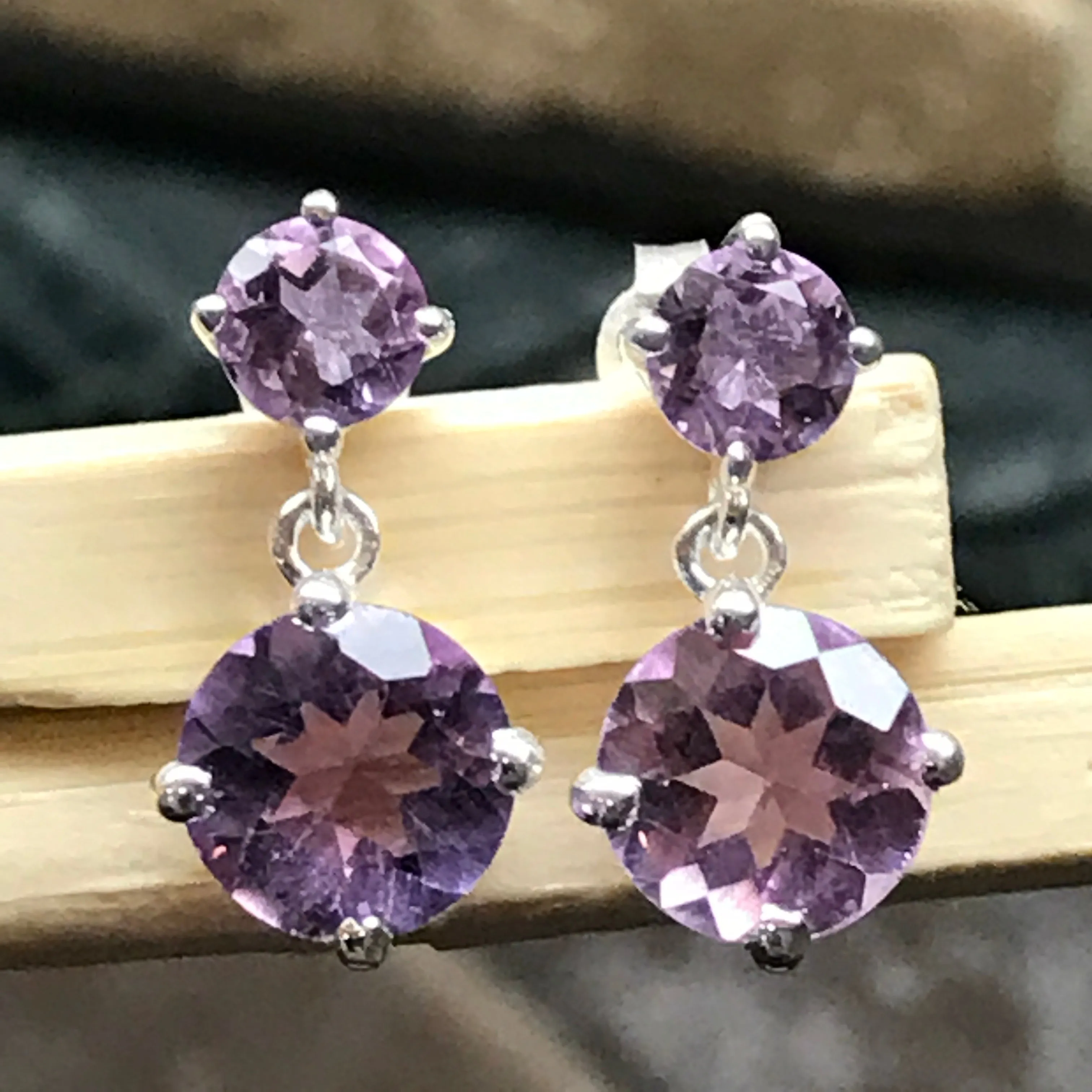 Natural 2.5ct Purple Amethyst 925 Solid Sterling Silver Earrings 16mm