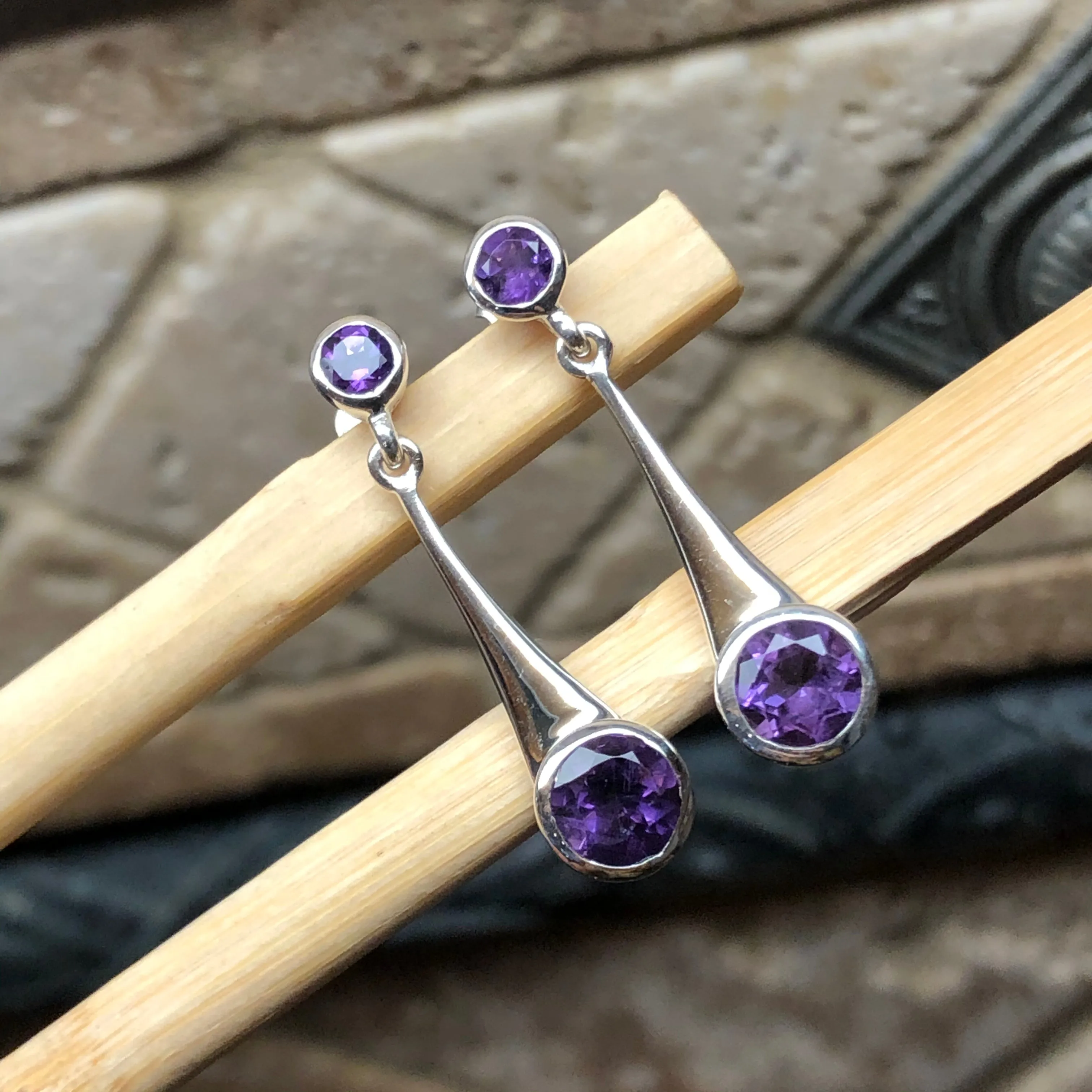 Natural 2ct Amethyst 925 Sterling Silver Earrings 28mm