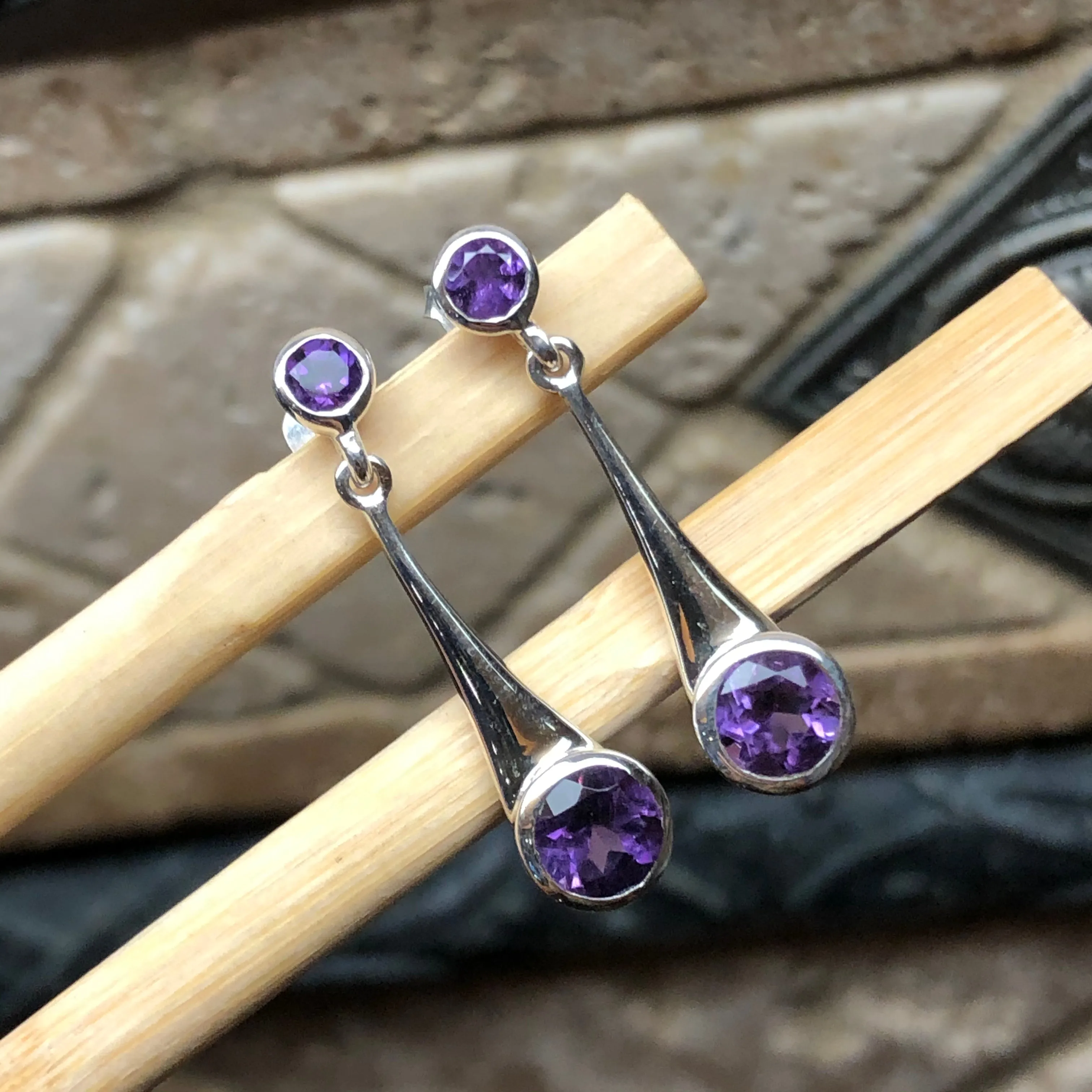 Natural 2ct Amethyst 925 Sterling Silver Earrings 28mm