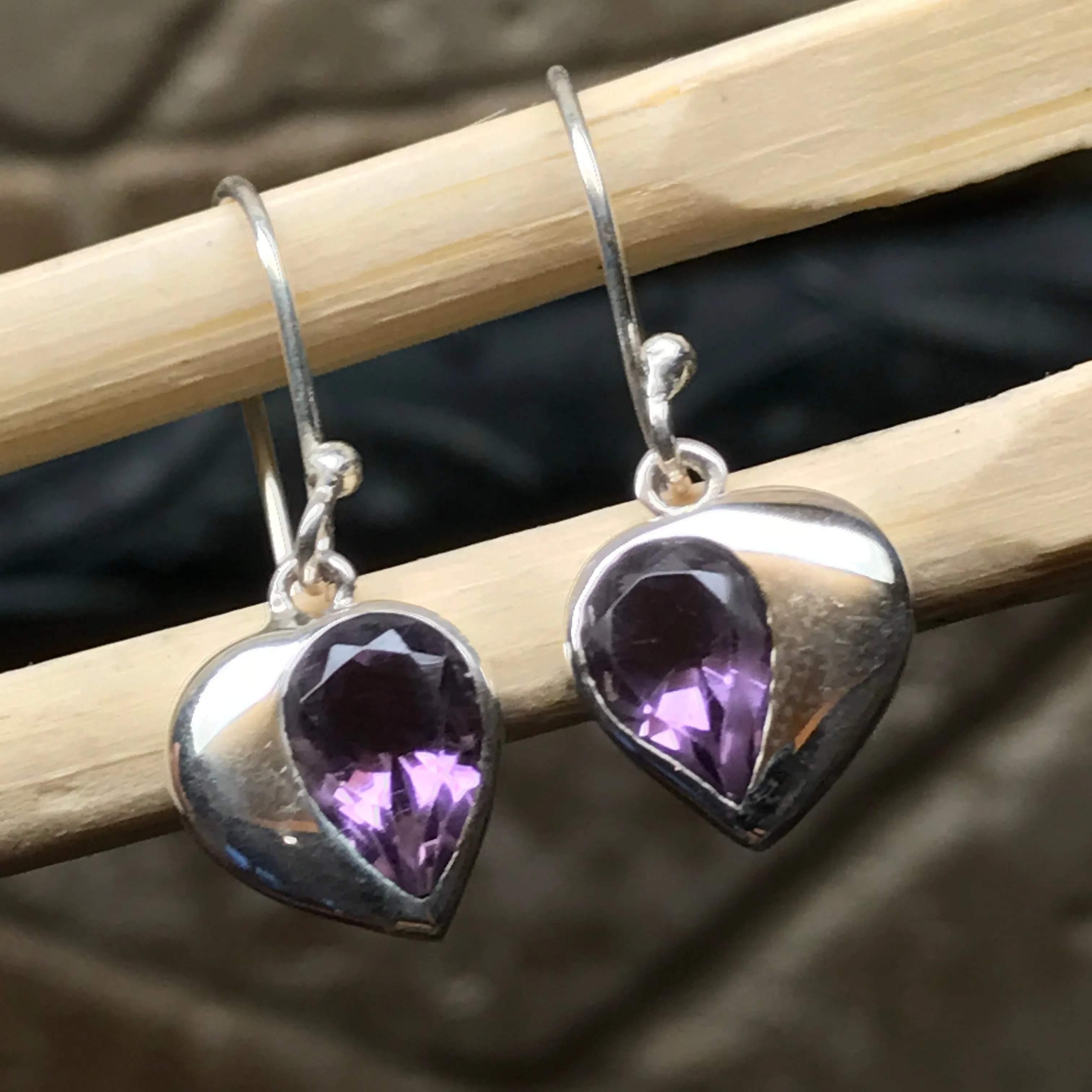 Natural 2ct Purple Amethyst 925 Solid Sterling Silver Heart Earrings 26mm