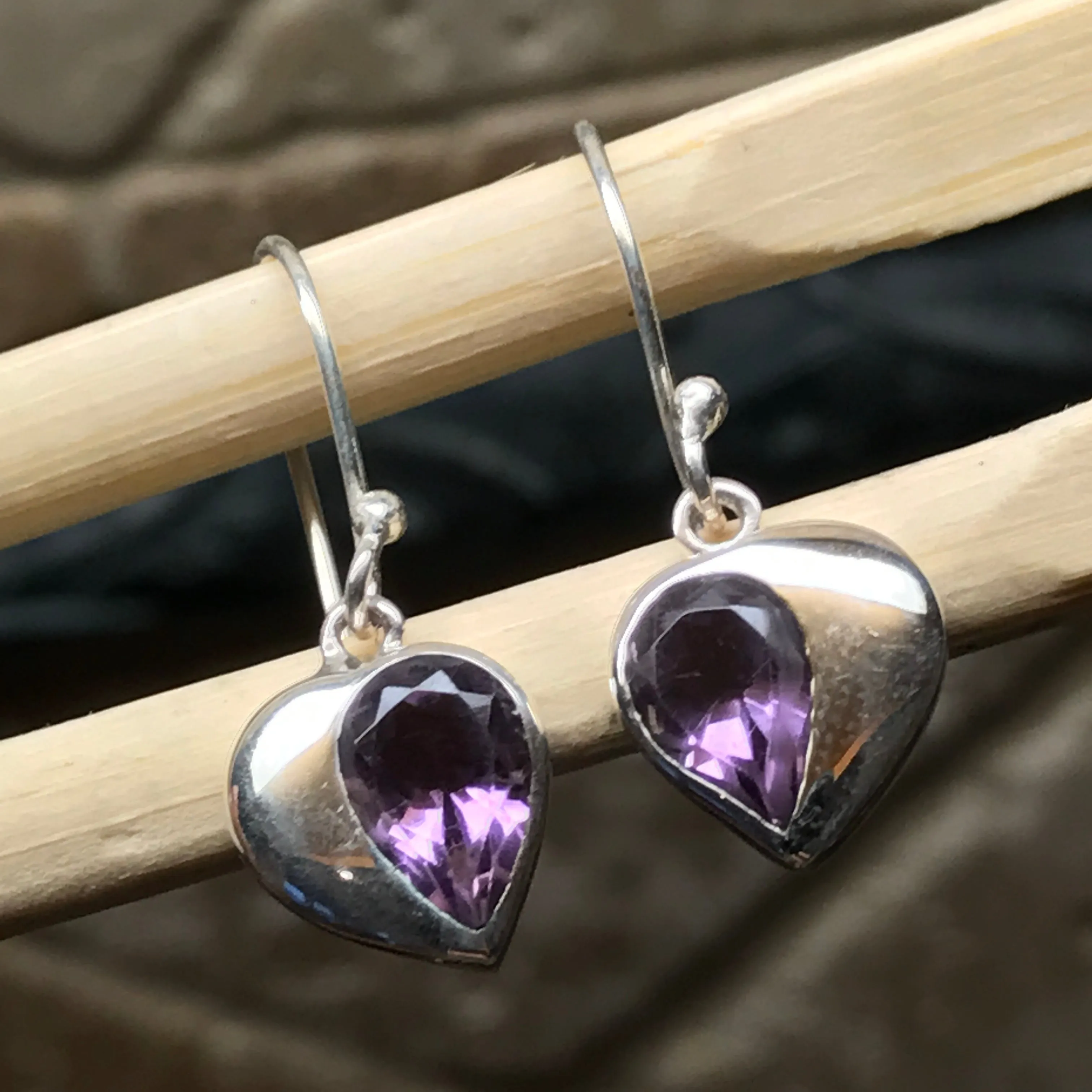 Natural 2ct Purple Amethyst 925 Solid Sterling Silver Heart Earrings 26mm