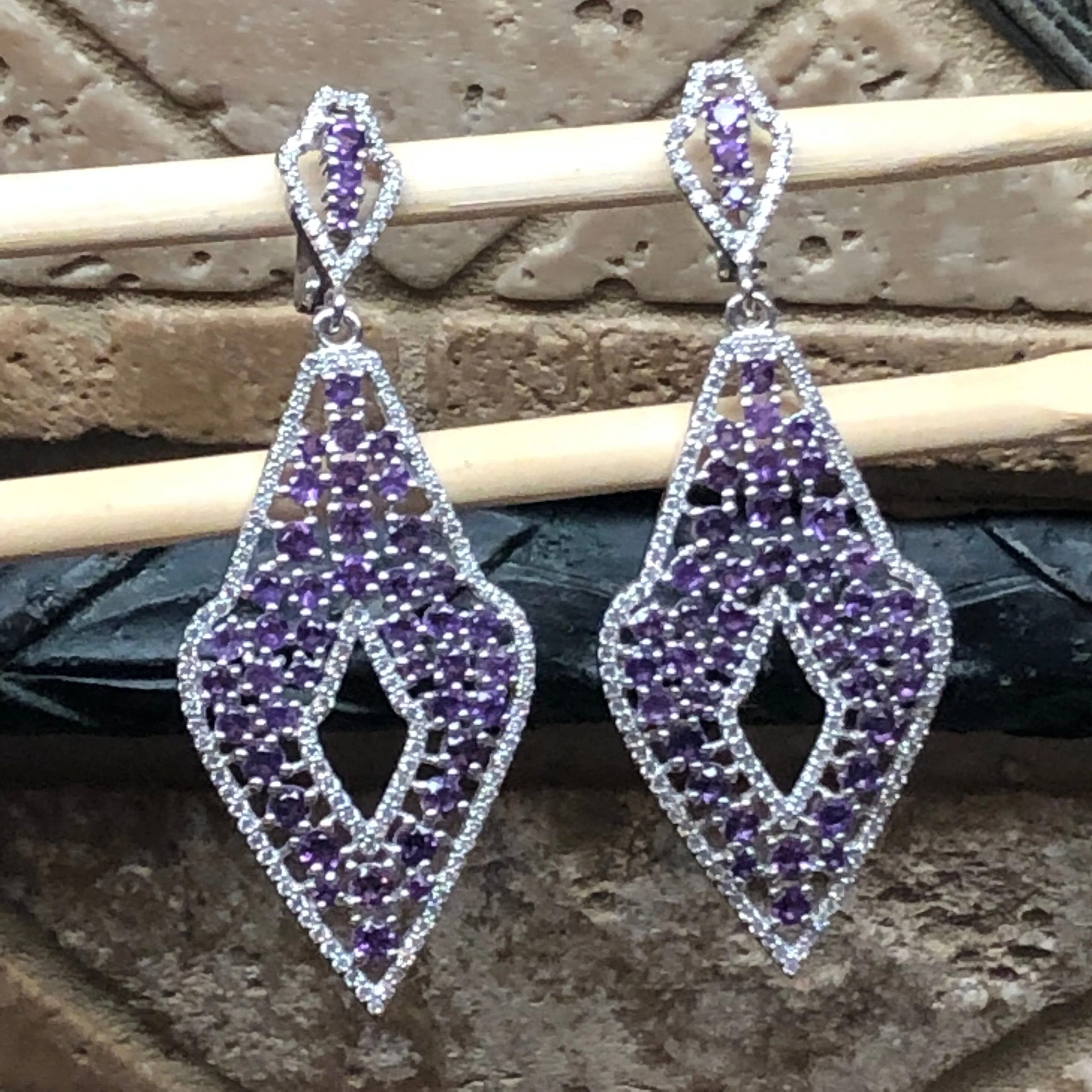 Natural 30ct Purple Amethyst, White Sapphire 925 Solid Sterling Silver Earrings 65mm