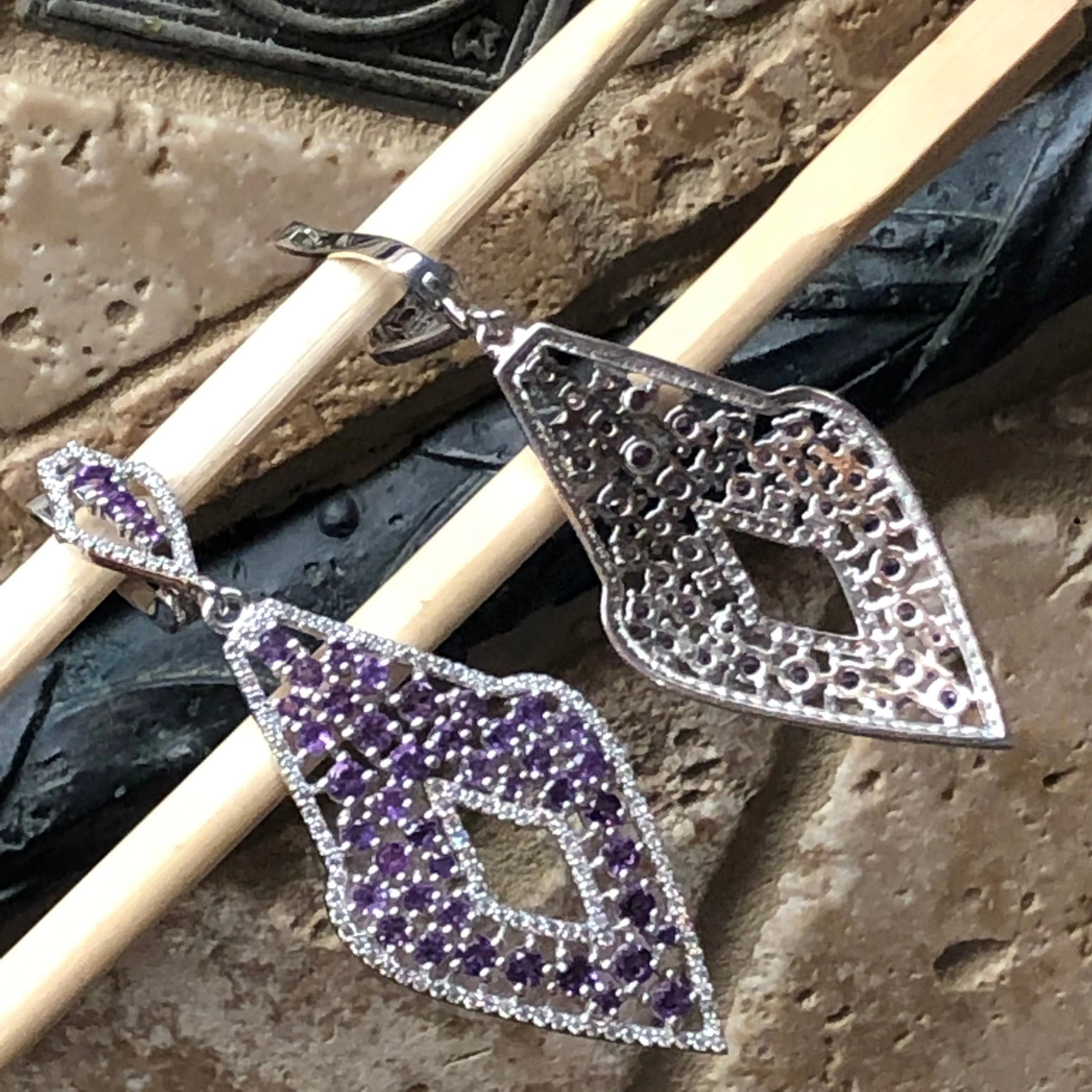 Natural 30ct Purple Amethyst, White Sapphire 925 Solid Sterling Silver Earrings 65mm
