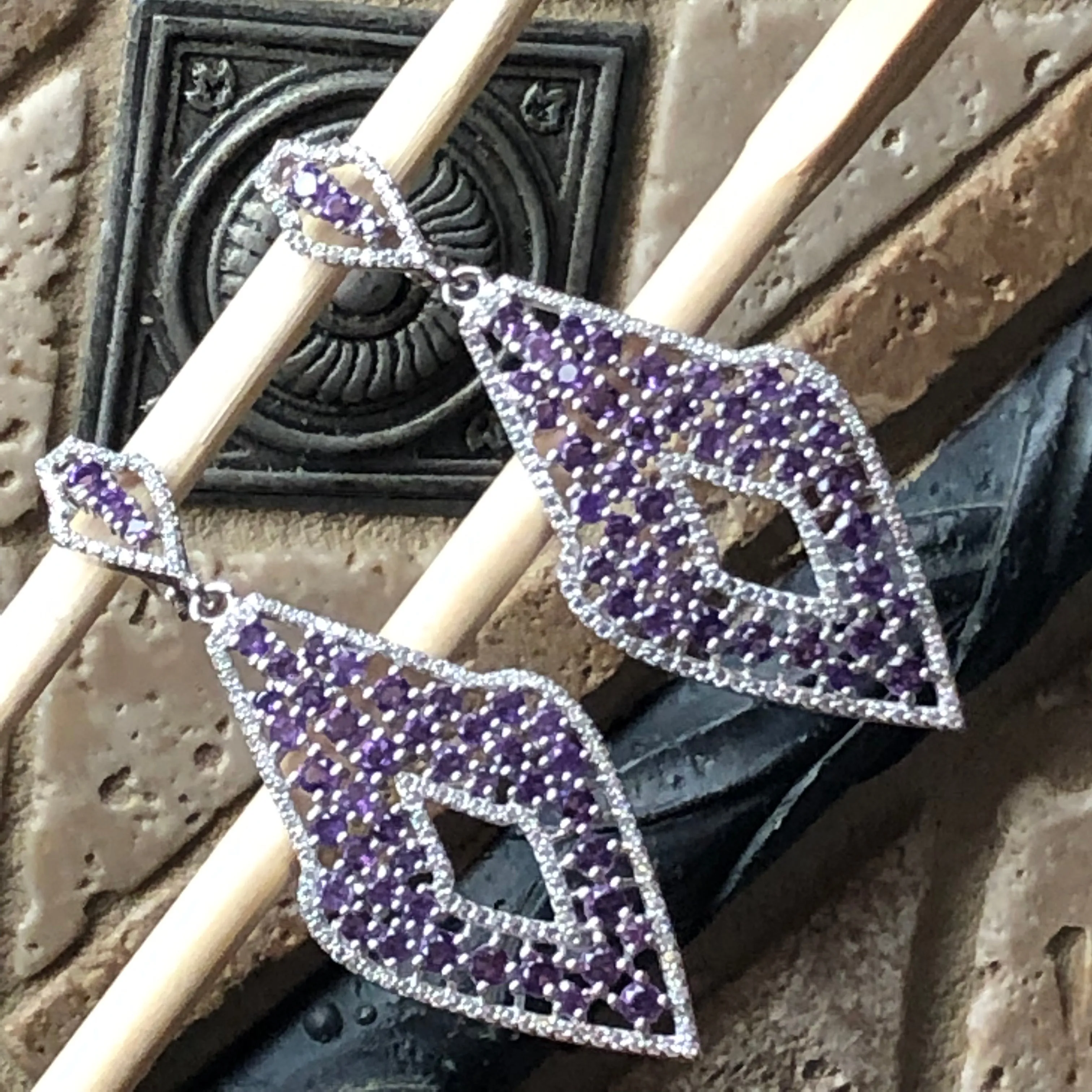 Natural 30ct Purple Amethyst, White Sapphire 925 Solid Sterling Silver Earrings 65mm