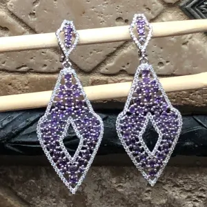 Natural 30ct Purple Amethyst, White Sapphire 925 Solid Sterling Silver Earrings 65mm