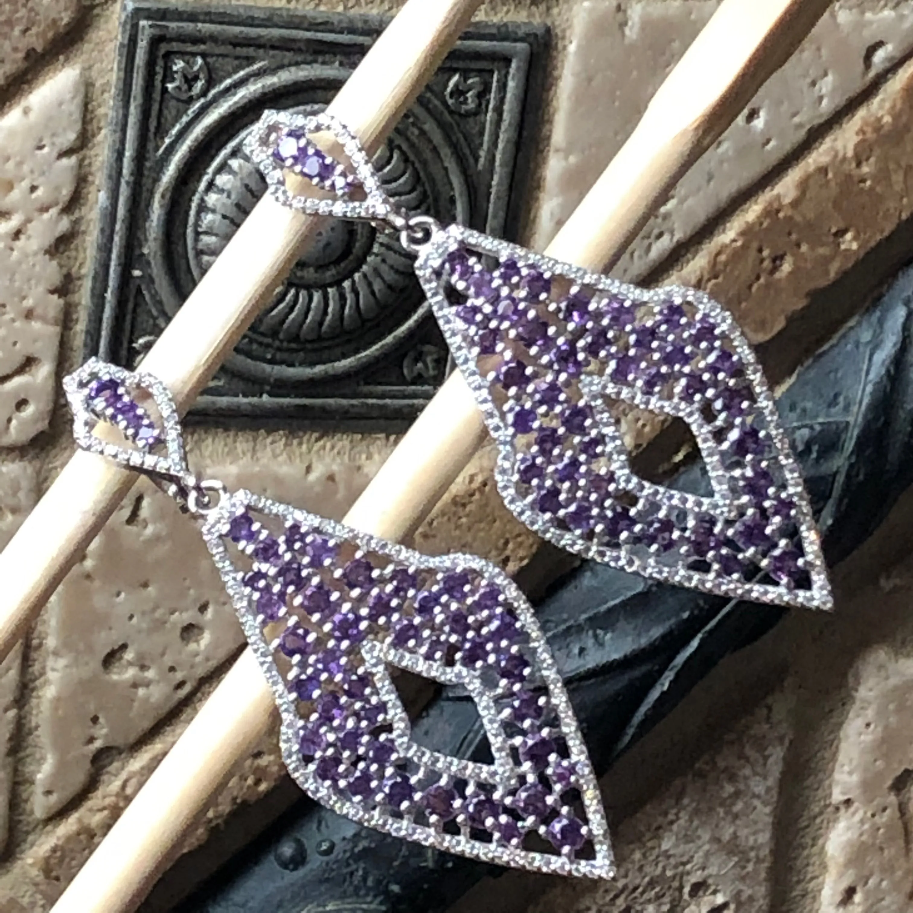 Natural 30ct Purple Amethyst, White Sapphire 925 Solid Sterling Silver Earrings 65mm
