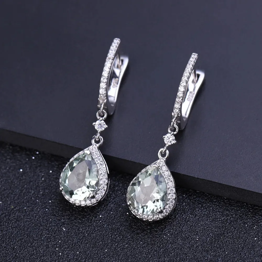 Natural Green Amethyst Prasiolite Gemstone Drop Earrings – 925 Sterling Silver Fine Jewelry