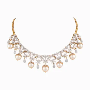 Necklace with Round Cut Diamond, Begg Cut Diamond, S.S. Pearls with Cap in Gold Chain   dia. begg.   s s moti   cap   gold chain-WDN942