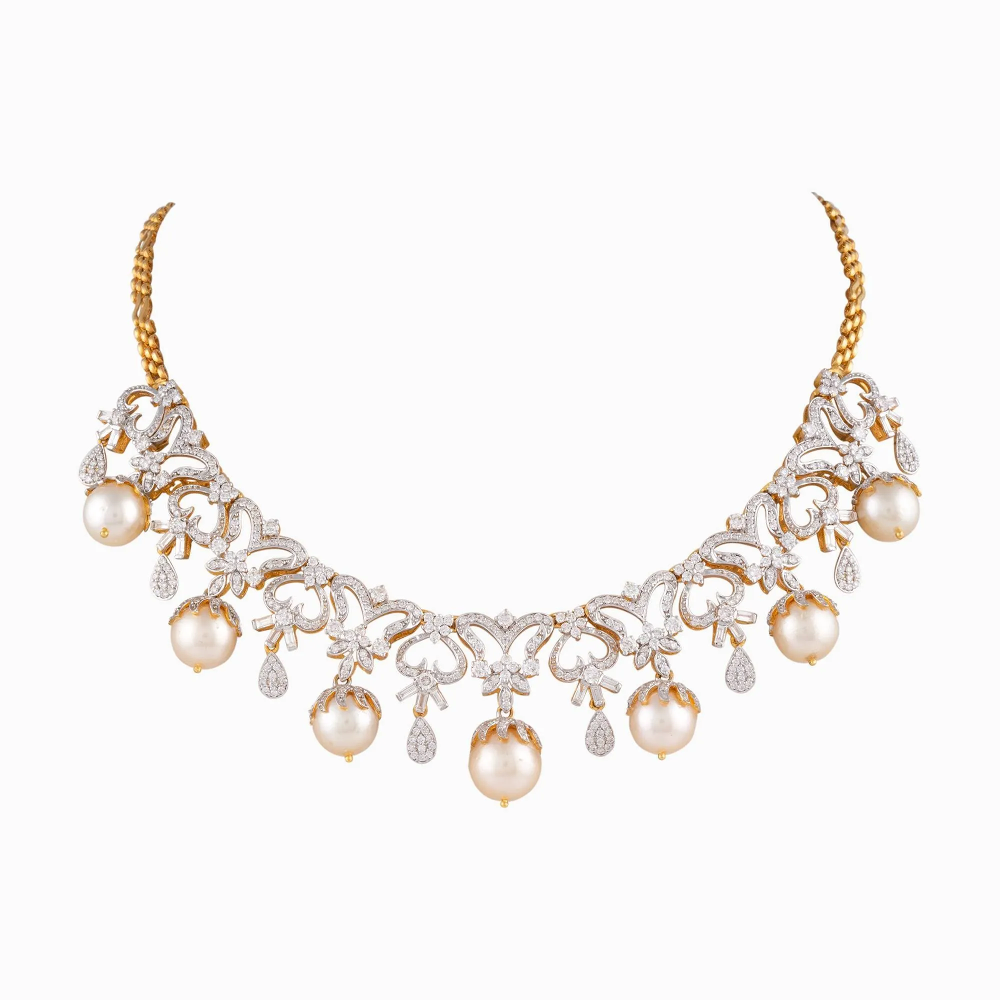 Necklace with Round Cut Diamond, Begg Cut Diamond, S.S. Pearls with Cap in Gold Chain   dia. begg.   s s moti   cap   gold chain-WDN942