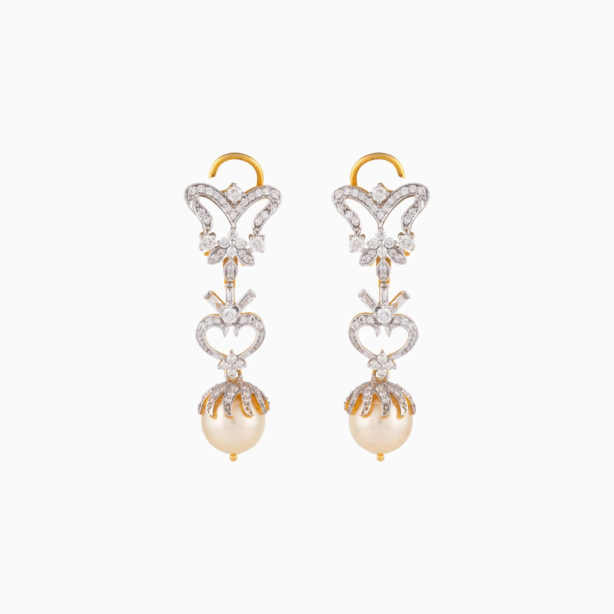 Necklace with Round Cut Diamond, Begg Cut Diamond, S.S. Pearls with Cap in Gold Chain   dia. begg.   s s moti   cap   gold chain-WDN942
