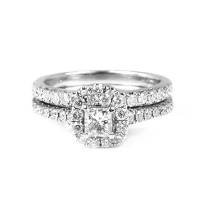 Neil Lane 14ct White Gold & 0.81ct Princess Cut Halo Diamond Engagement Ring & 0.33ct Diamond Wedding Band Bridal Set Size: K