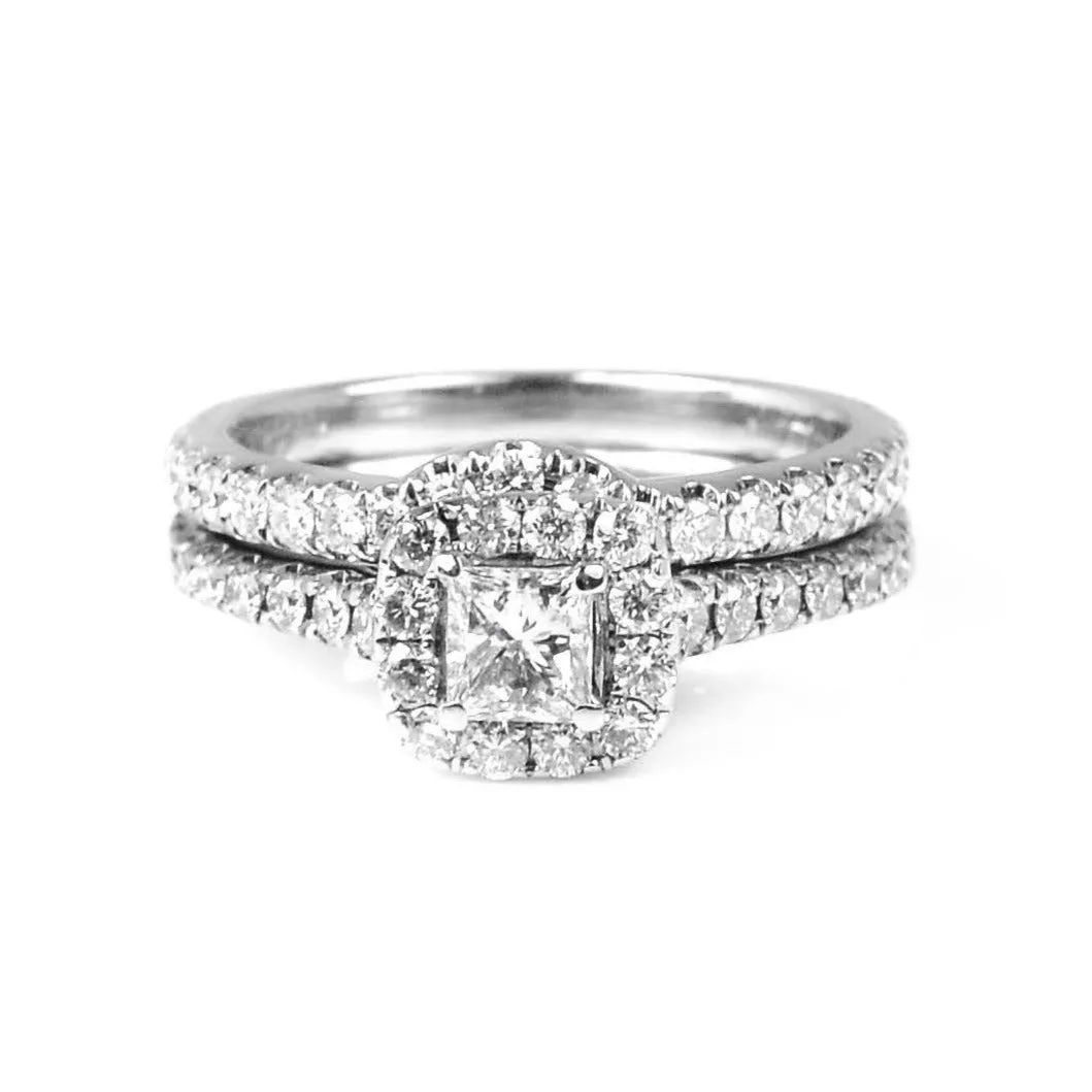 Neil Lane 14ct White Gold & 0.81ct Princess Cut Halo Diamond Engagement Ring & 0.33ct Diamond Wedding Band Bridal Set Size: K
