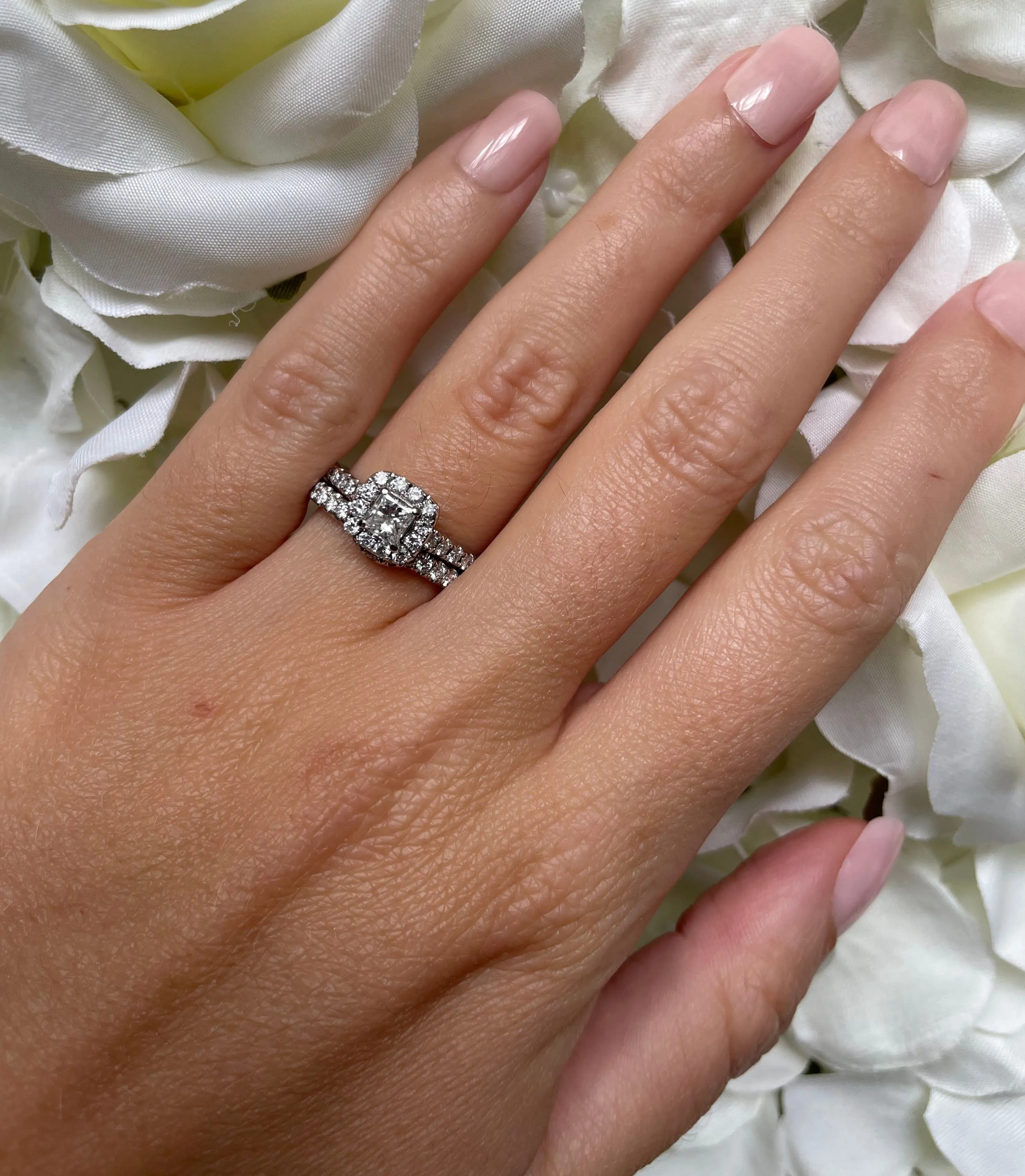 Neil Lane 14ct White Gold & 0.81ct Princess Cut Halo Diamond Engagement Ring & 0.33ct Diamond Wedding Band Bridal Set Size: K