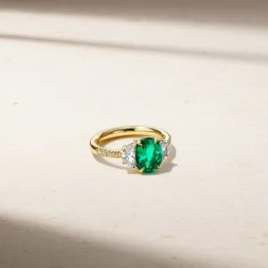 Nouveau Three Stone Oval Emerald and Diamond Ring