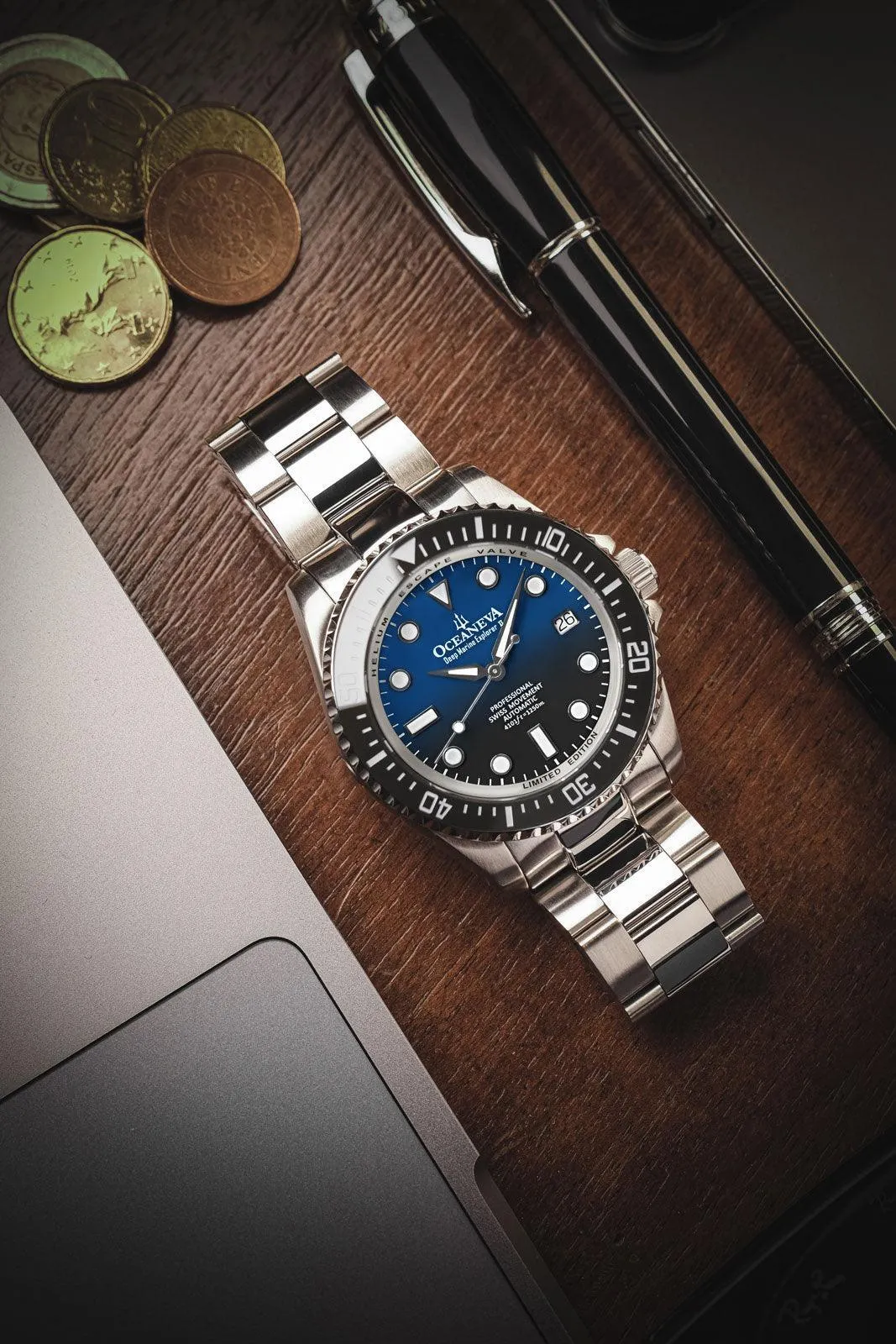 Oceaneva Men's Deep Marine Explorer II1250M Pro Diver Watch Blue Black Watch Black Bezel