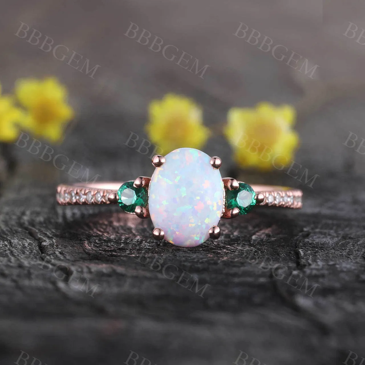 Opal Cluster 14k Rose Gold Engagement Ring for Women Emerald Diamond Ring Statement Ring