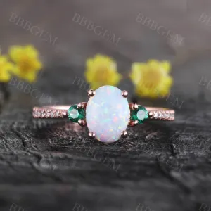 Opal Cluster 14k Rose Gold Engagement Ring for Women Emerald Diamond Ring Statement Ring