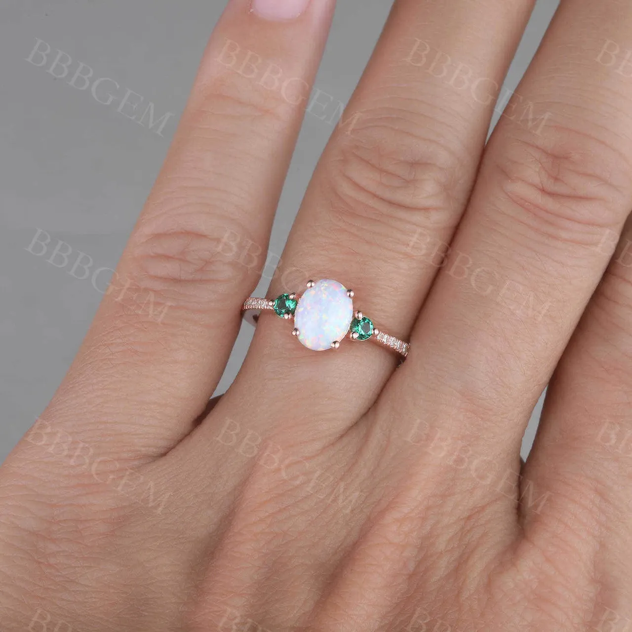 Opal Cluster 14k Rose Gold Engagement Ring for Women Emerald Diamond Ring Statement Ring