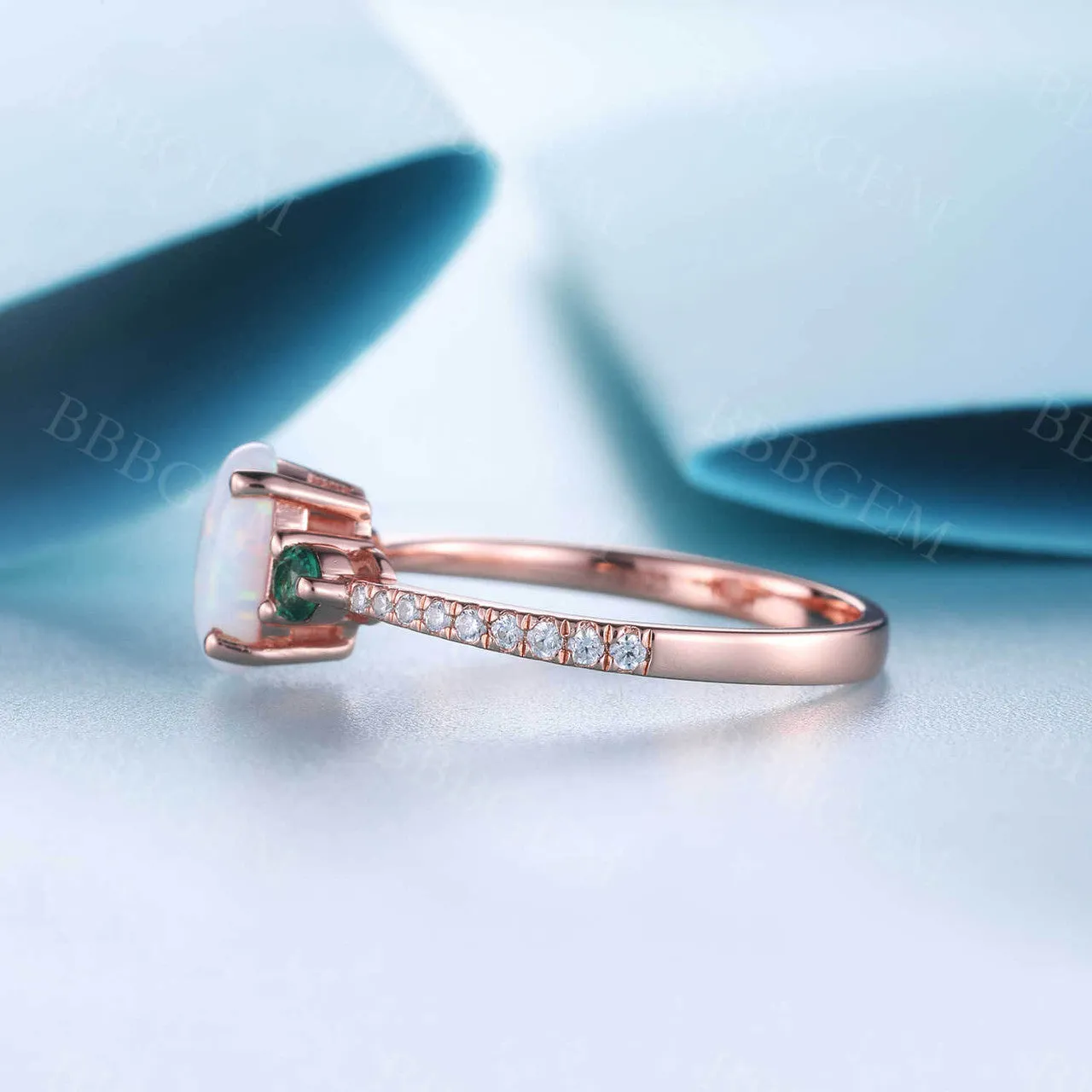 Opal Cluster 14k Rose Gold Engagement Ring for Women Emerald Diamond Ring Statement Ring