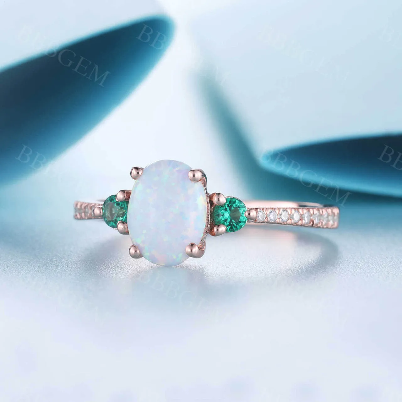 Opal Cluster 14k Rose Gold Engagement Ring for Women Emerald Diamond Ring Statement Ring