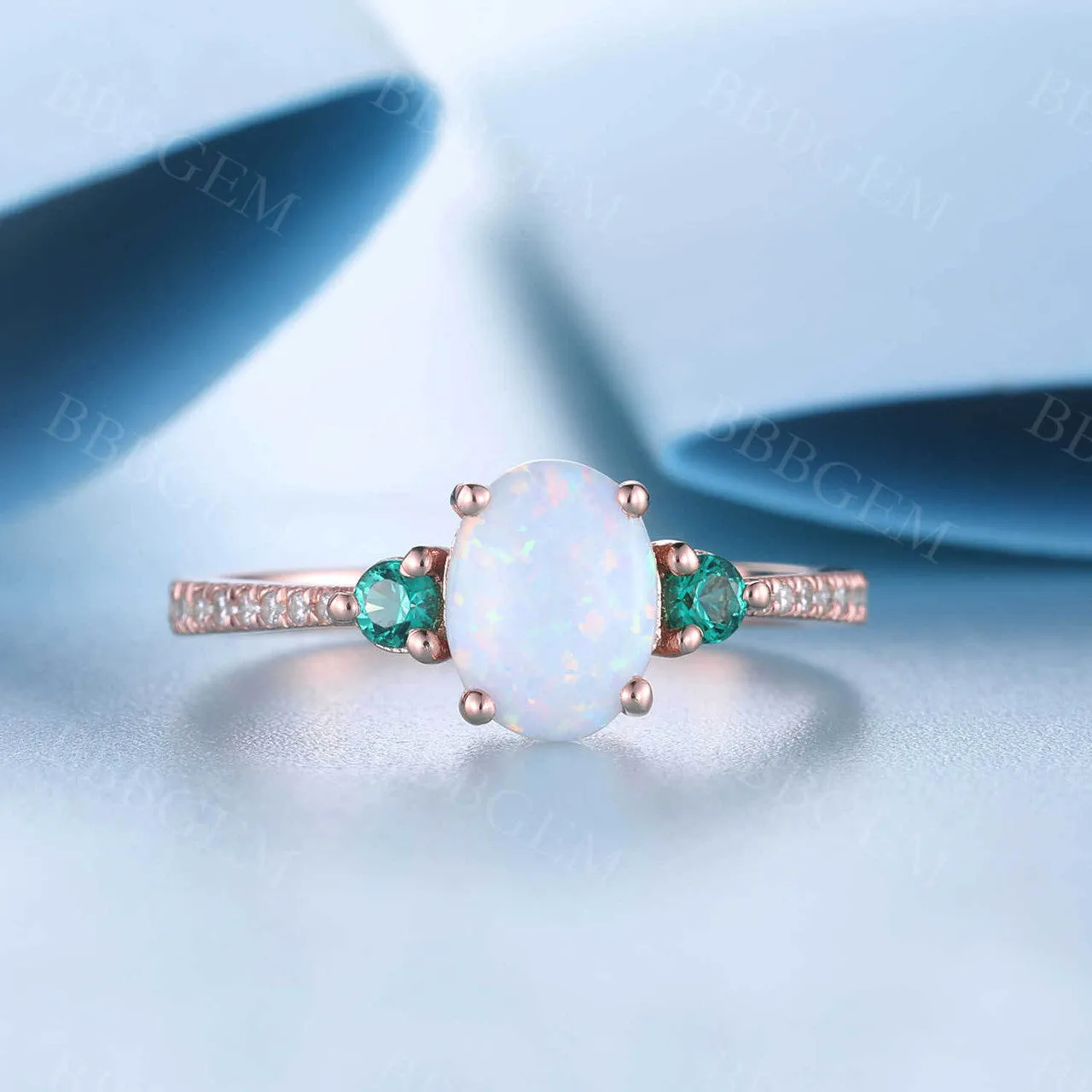 Opal Cluster 14k Rose Gold Engagement Ring for Women Emerald Diamond Ring Statement Ring