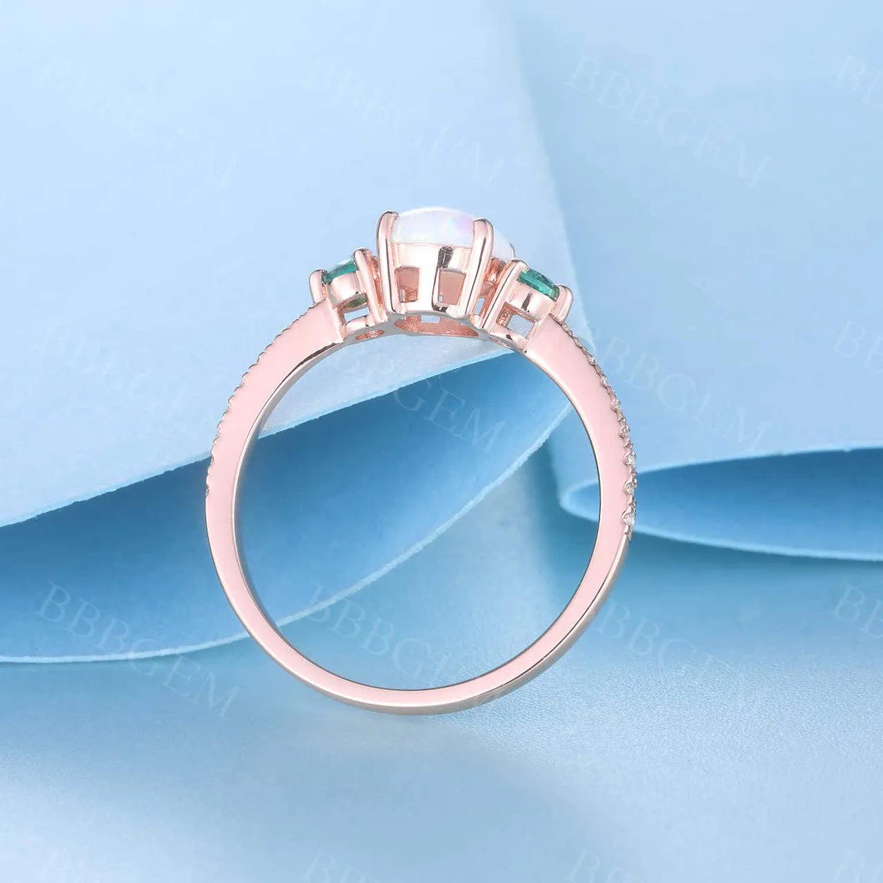 Opal Cluster 14k Rose Gold Engagement Ring for Women Emerald Diamond Ring Statement Ring