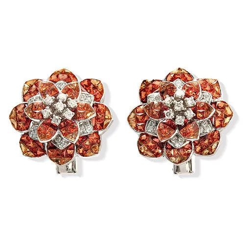 Orange Sapphire  Floral Earring with Touch of Diamonds in 18k White Gold