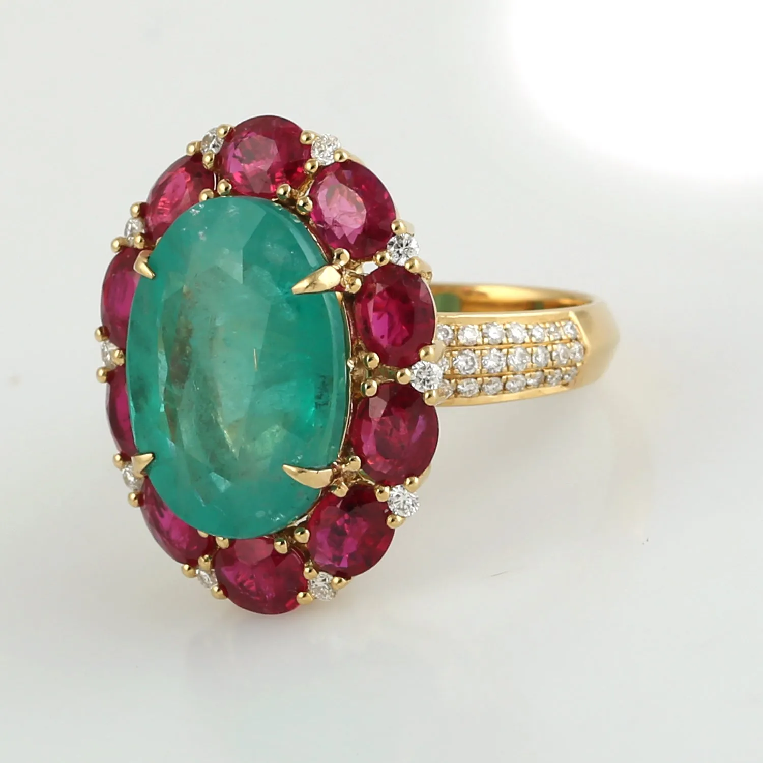 Oval Cut Emerald May birthstone Ruby Pave Diamond Wedding Ring In Yellow Gold