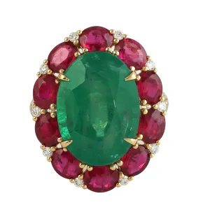 Oval Cut Emerald May birthstone Ruby Pave Diamond Wedding Ring In Yellow Gold