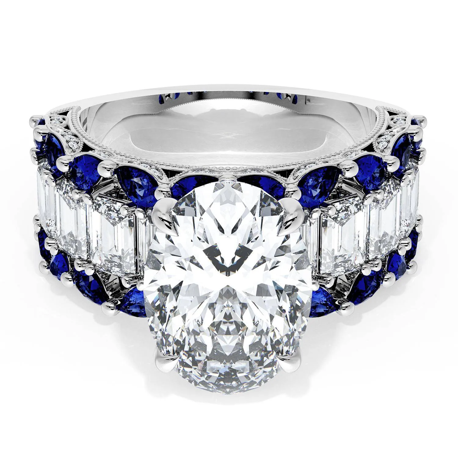 Oval Solitaire Engagement Ring w/ Emerald & Pear Band