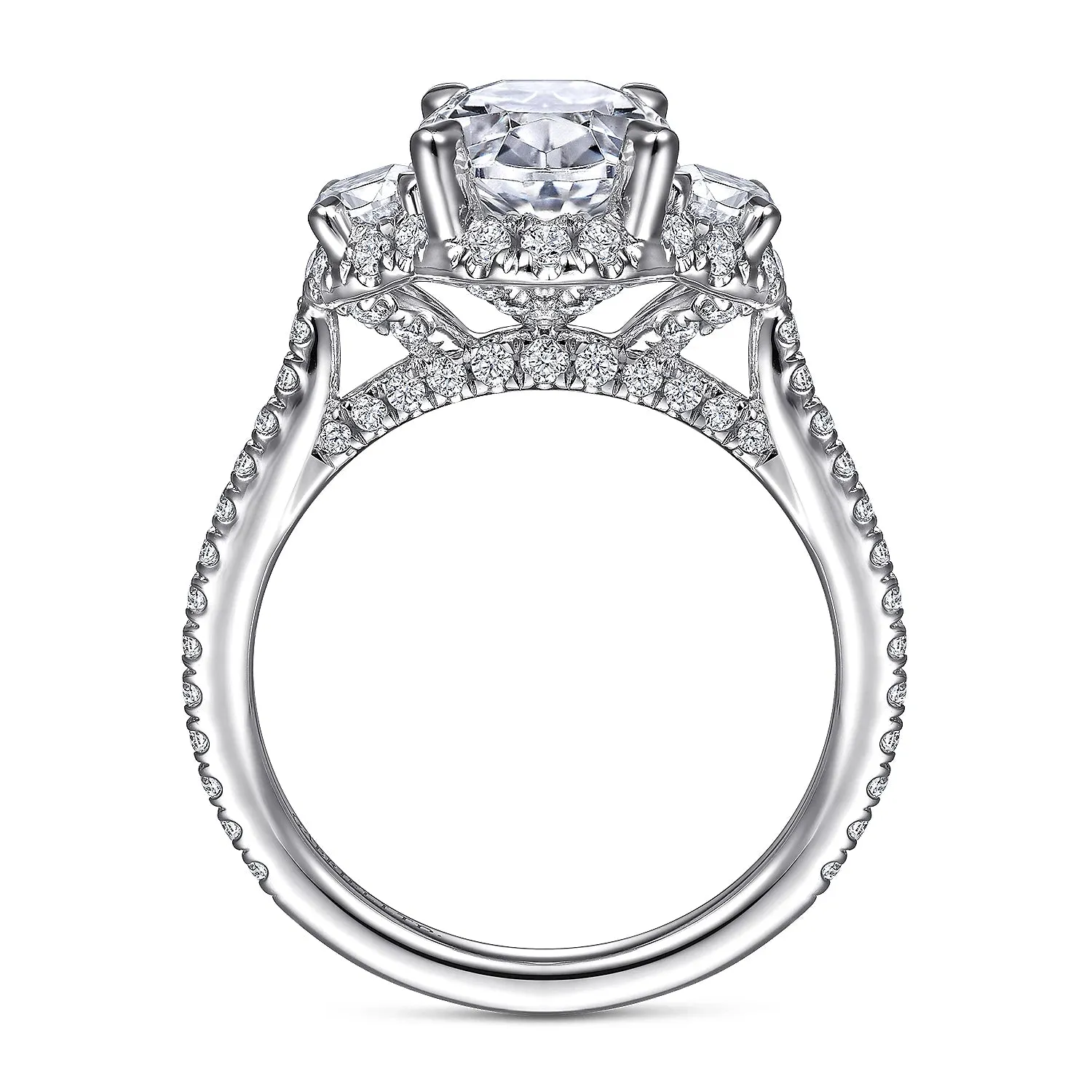 Oval Three Stone Halo Diamond Engagement Ring Mounting