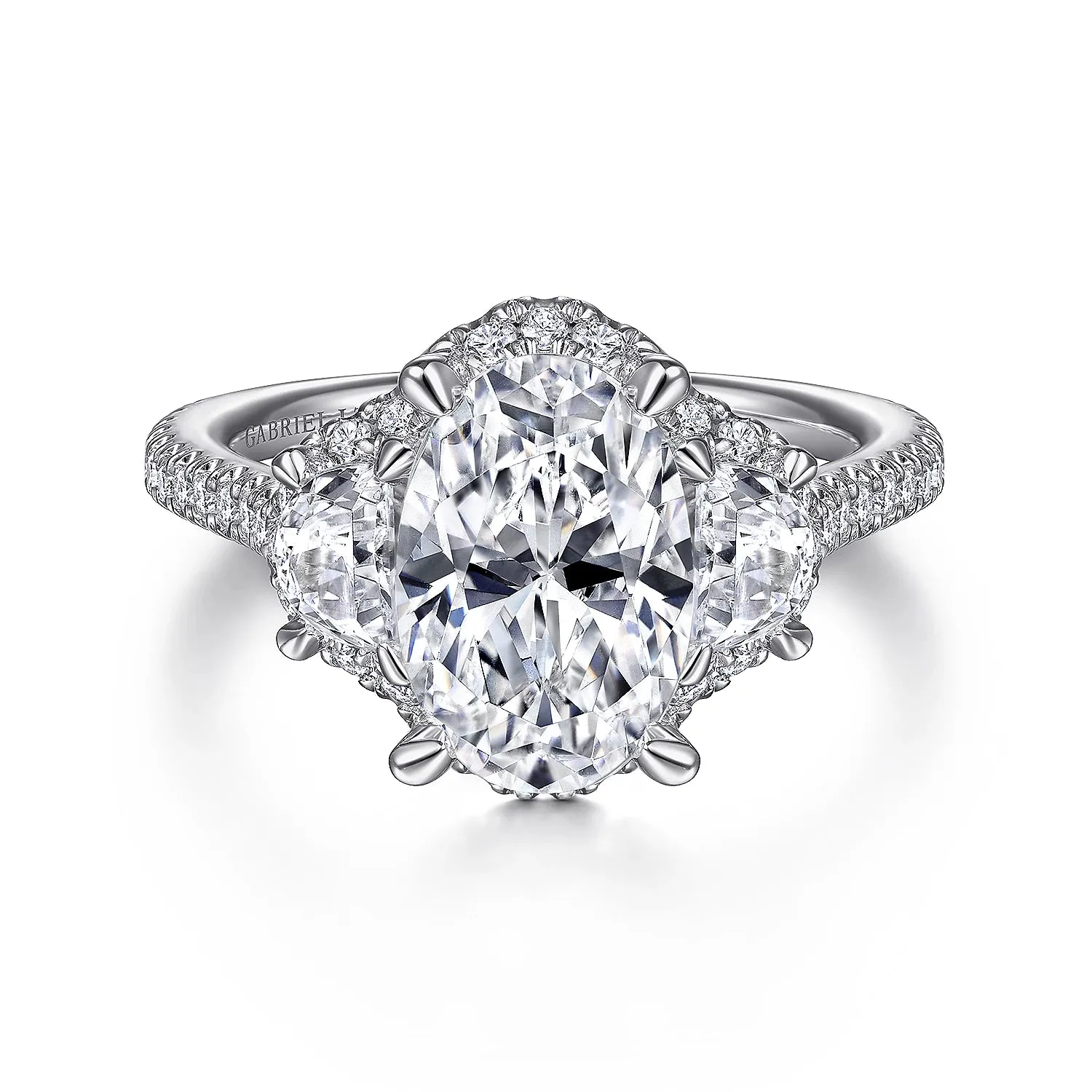 Oval Three Stone Halo Diamond Engagement Ring Mounting
