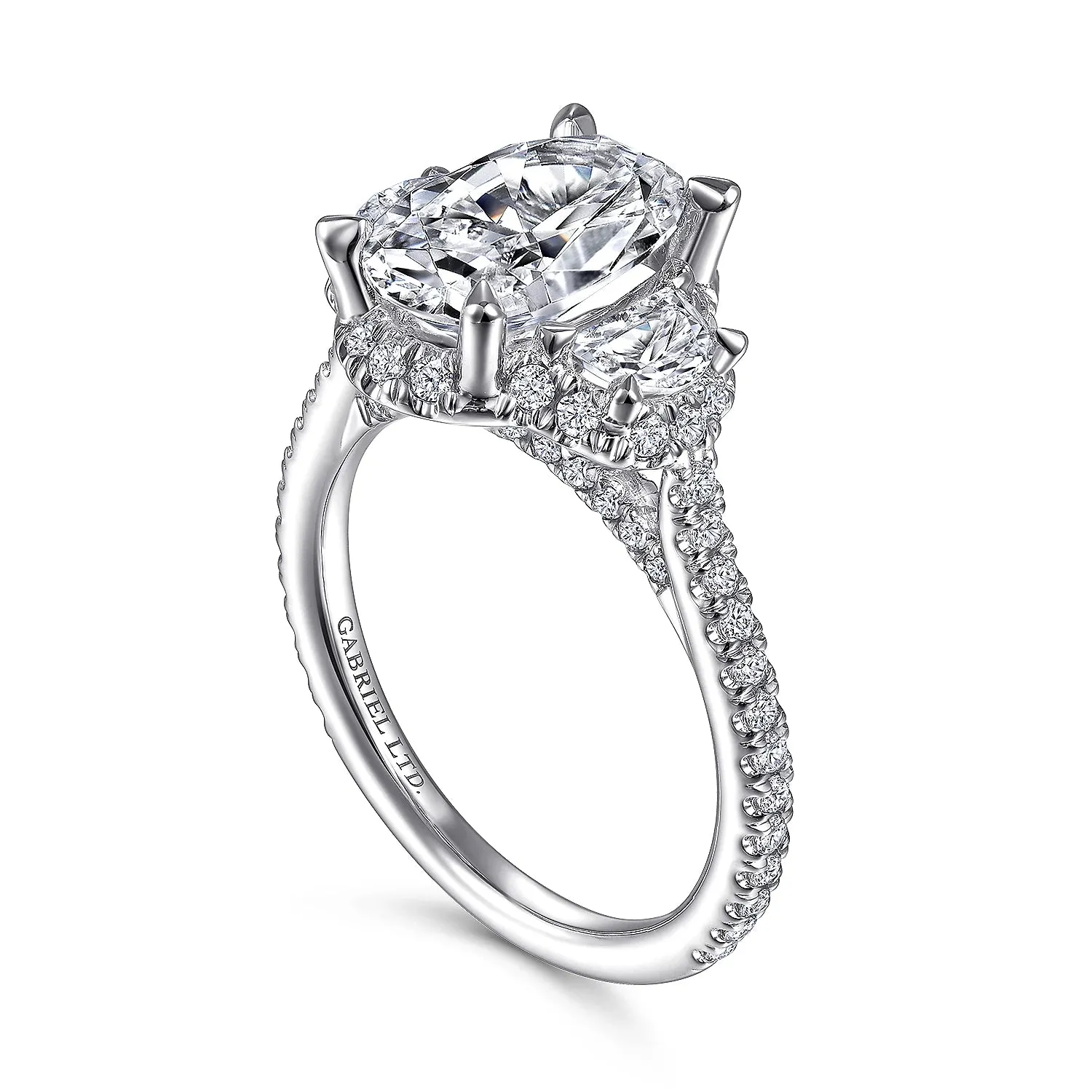 Oval Three Stone Halo Diamond Engagement Ring Mounting